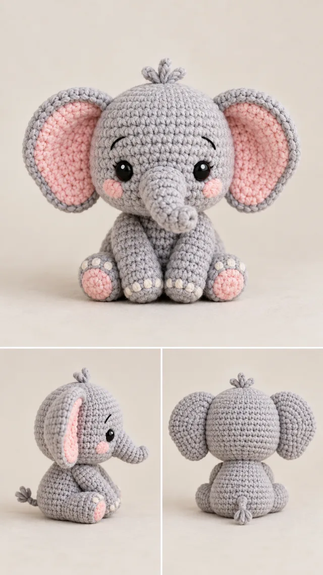 AI concept of a tiny crochet-look gray baby elephant amigurumi with large pink-lined ears, sitting with its trunk curled, shown from three angles.
