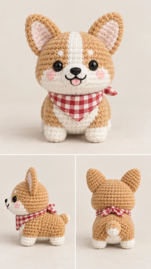 AI concept of a tiny crochet-look corgi amigurumi with orange-and-white markings, big ears and a red gingham bandana, shown from three angles.