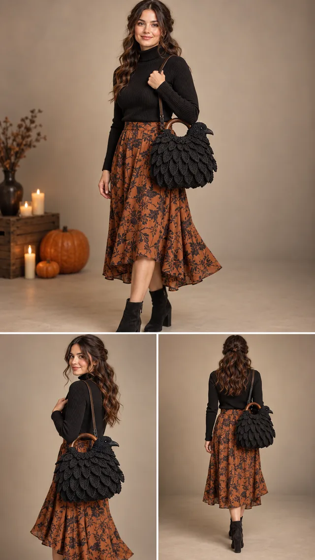 AI concept of a crochet-look black bag with large spread bat wings as its flap, worn with a black turtleneck and a rust floral skirt.