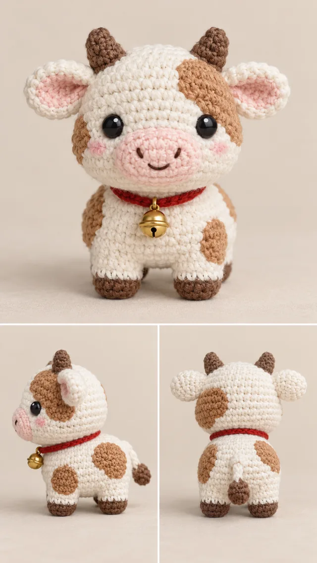 AI concept of a tiny crochet-look white calf amigurumi with brown patches, pink ears and muzzle, wearing a red collar with a brass bell, shown from three angles.