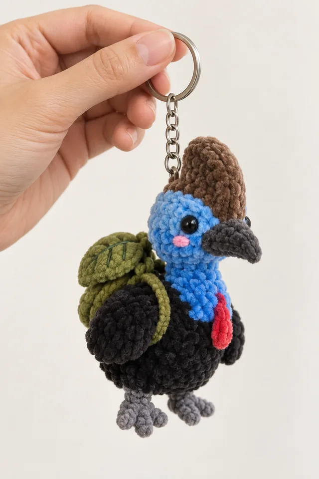 AI concept of a black-bodied bird keychain with a blue neck, tall brown crest, red throat detail and olive-green backpack.