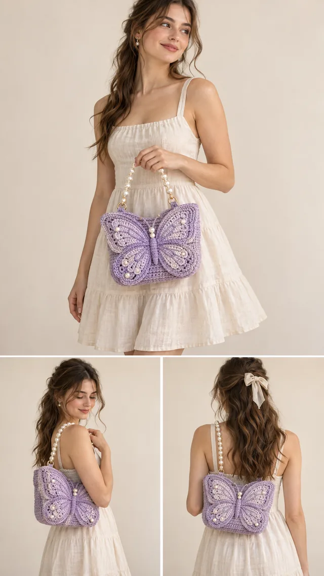 AI concept of a lavender crochet-look butterfly-shaped bag with beaded wing embroidery and a pearl-bead handle, worn with a white sundress.