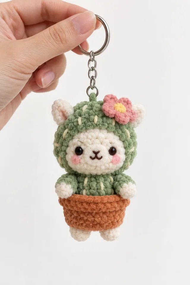AI concept of a cream-faced character in a green cactus costume with a pink flower and terracotta-colored pot, shown as a keychain.