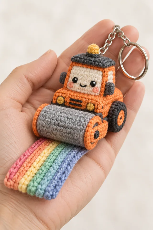 AI concept of an orange crochet road roller keychain with smiling face unrolling a rainbow behind it