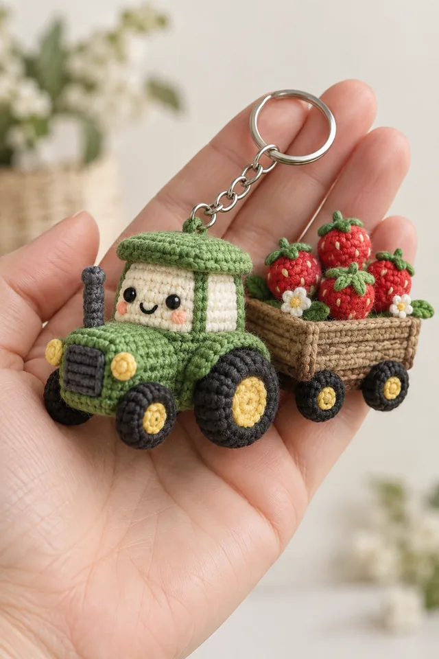 AI concept of a green crochet tractor keychain pulling a little trailer full of red strawberries