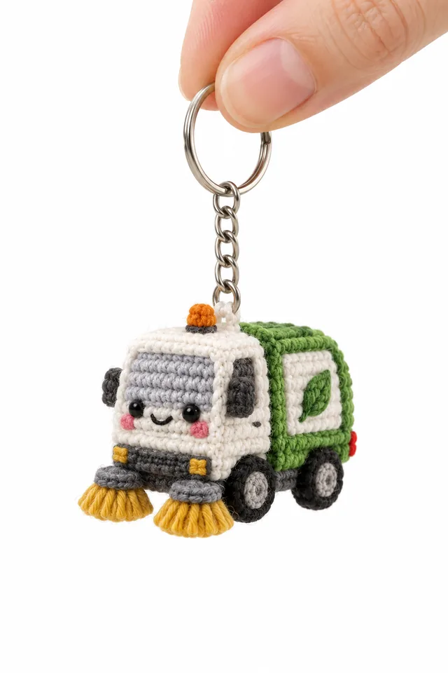 AI concept of a white and green crochet street sweeper truck keychain with yellow spinning brushes