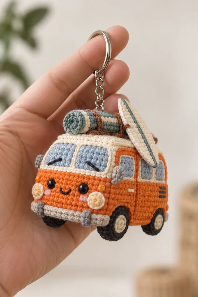 AI concept of an orange crochet camper van keychain with a surfboard and rolled blanket on the roof