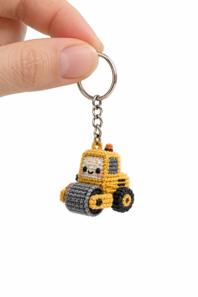 AI concept of a small yellow crochet road roller keychain with grey drum and smiling face