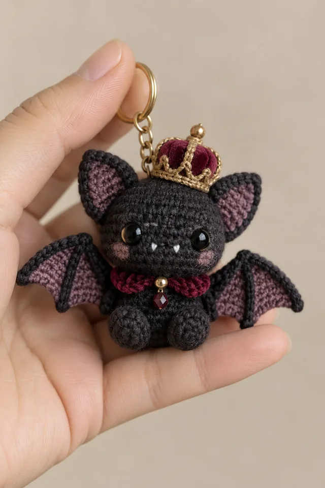 AI concept of a tiny crochet-look black bat keychain with purple inner ears and wings, wearing a gold crown with burgundy velvet and a ruby gem.