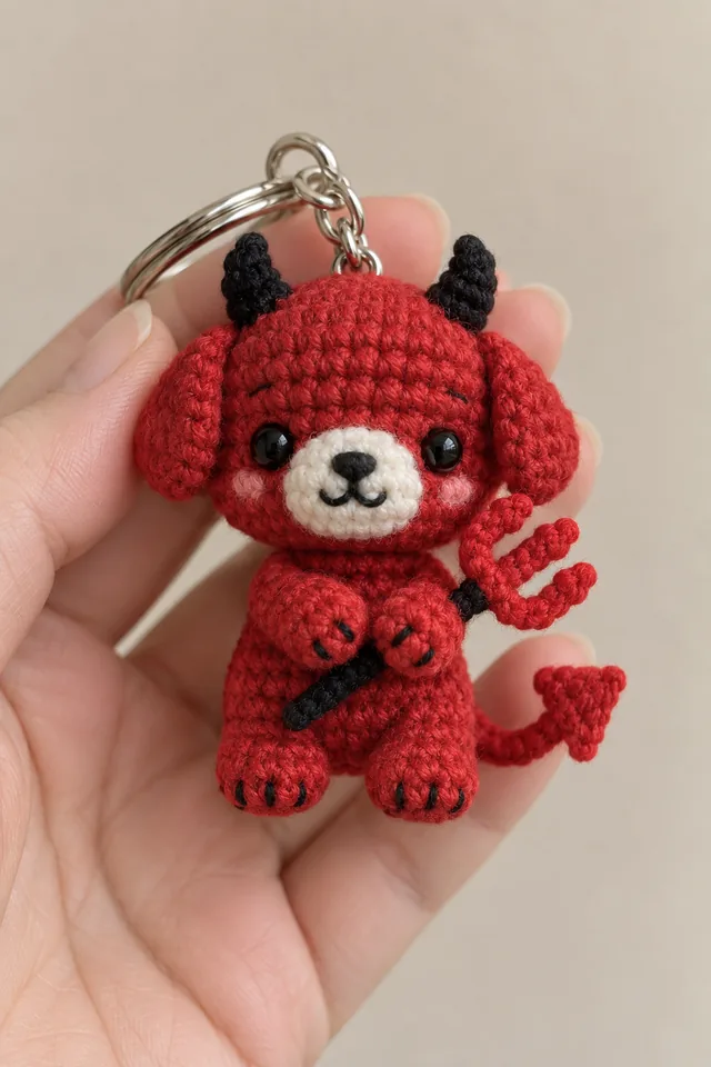 AI concept of a tiny crochet-look red chibi devil dog keychain with black horns, a black-tipped tail ending in an arrow, holding a red trident.