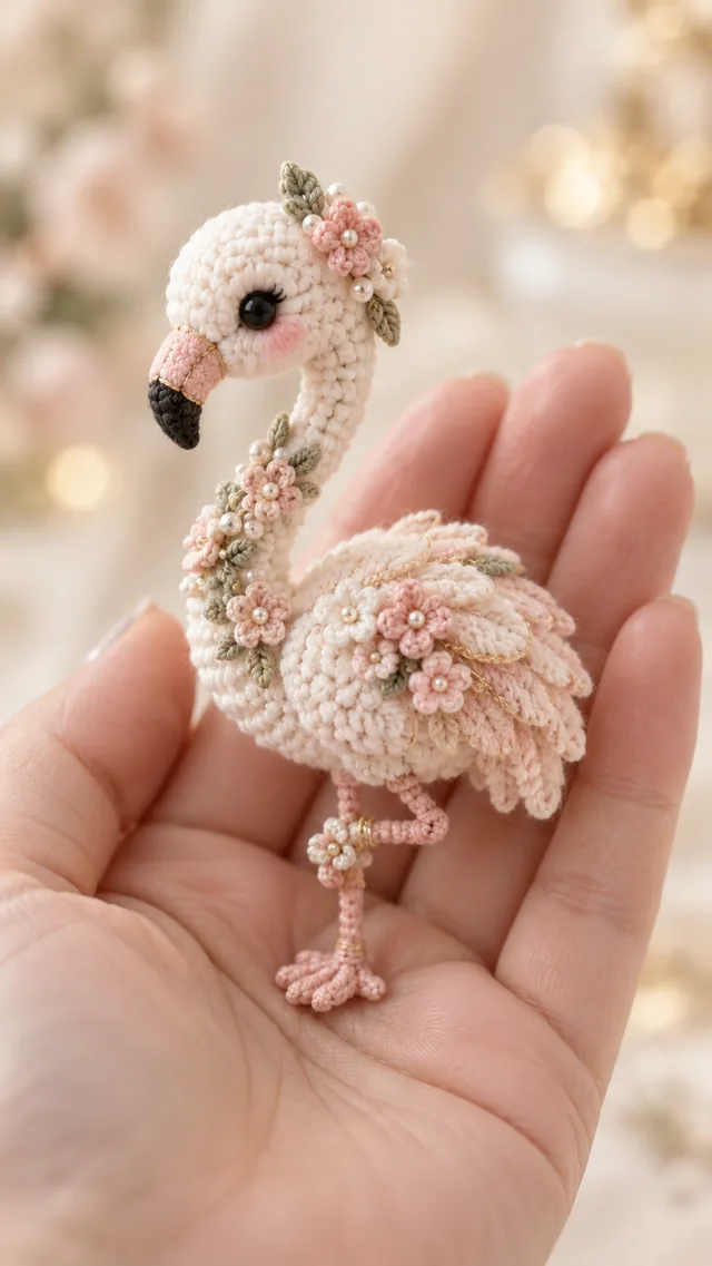 AI concept of a mini crochet-look flamingo in white and blush pink with a floral crown, floral neck garland and thin pink legs, held in a palm.