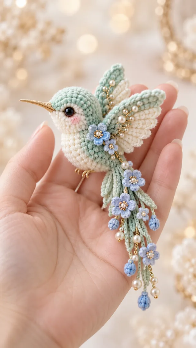 AI concept of a mini crochet-look hummingbird in mint green with a long trailing tail of tiny blue flowers and a gold beak, held in a palm.