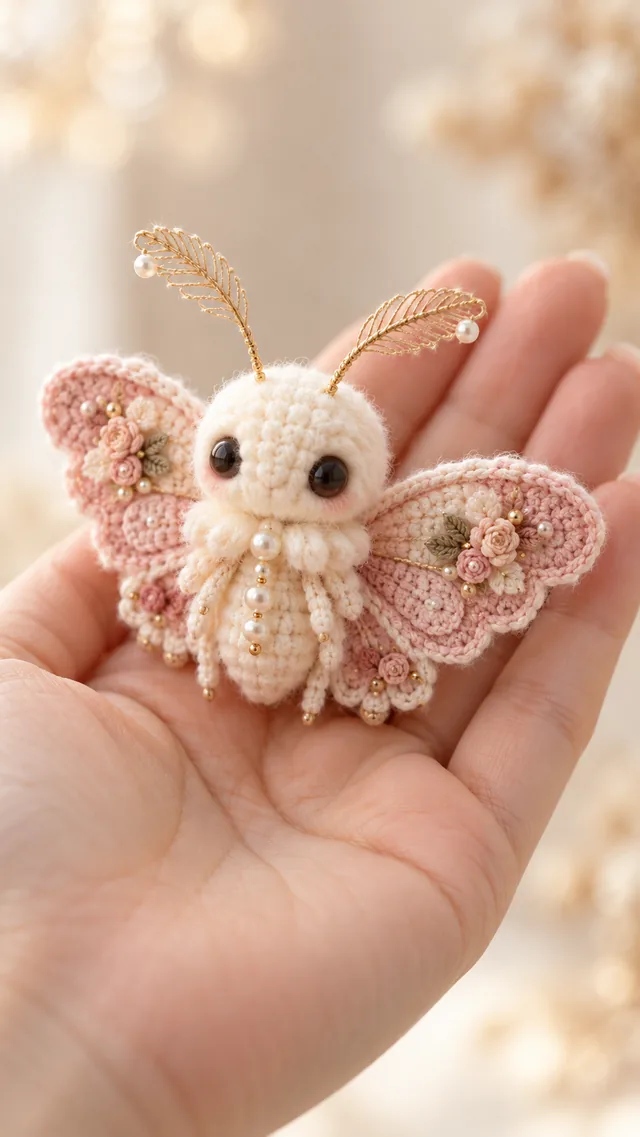 AI concept of a mini crochet-look moth with a white fluffy body, pink floral-embroidered wings and golden antennae, held in a palm.