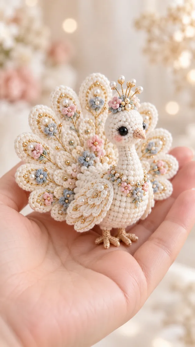AI concept of a mini crochet-look white peacock with a golden crown and a fanned tail of layered pastel flowers in pink and blue, held in a palm.