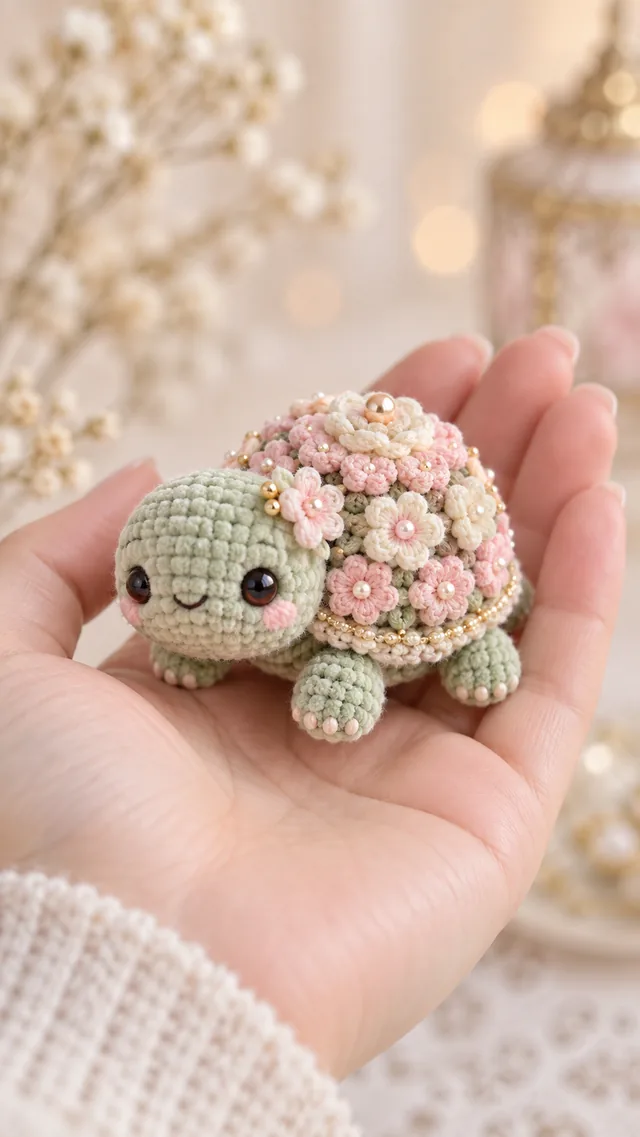 AI concept of a mini crochet-look turtle with a sage green head and legs and a dome shell completely covered in tiny pink and cream flowers, held in a palm.