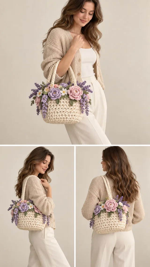 AI concept of a cream crochet-look tote with a dense bouquet of purple wisteria, pink roses and blue flowers overflowing the front, worn with an all-white outfit.