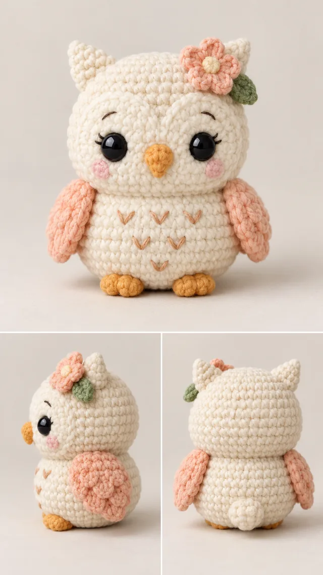 AI concept of a tiny crochet-look cream owl amigurumi with a pink flower crown, salmon-pink wings and a heart-patterned chest, shown from three angles.