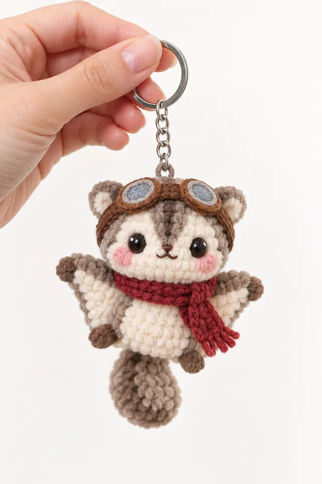 AI concept of a brown and cream flying-squirrel keychain with raised arms, aviator goggles, a red scarf and a hanging fluffy tail.