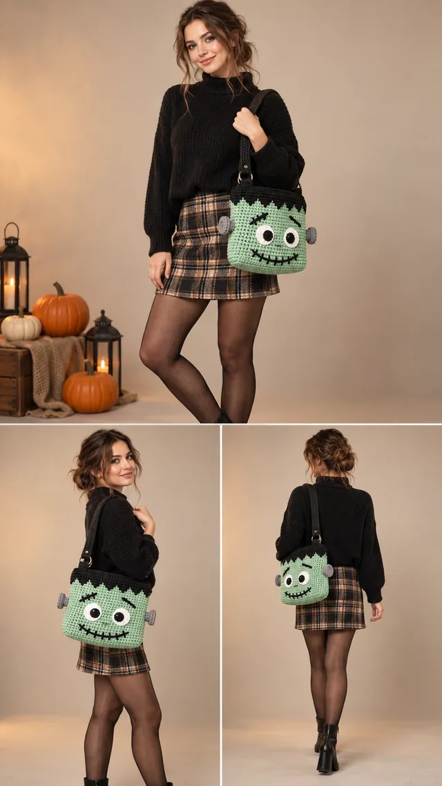 AI concept of a crochet-look mint green monster crossbody bag with a wide stitched grin, big eyes and tiny horns, worn with a black sweater and plaid skirt.