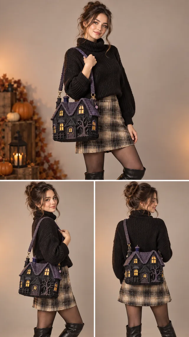 AI concept of a crochet-look purple haunted house crossbody bag with glowing yellow windows, worn with a black turtleneck and plaid skirt.