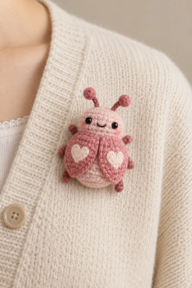 AI concept of a small crochet-look pink ladybug with white heart spots and pink antennae, pinned to a cream knit cardigan.