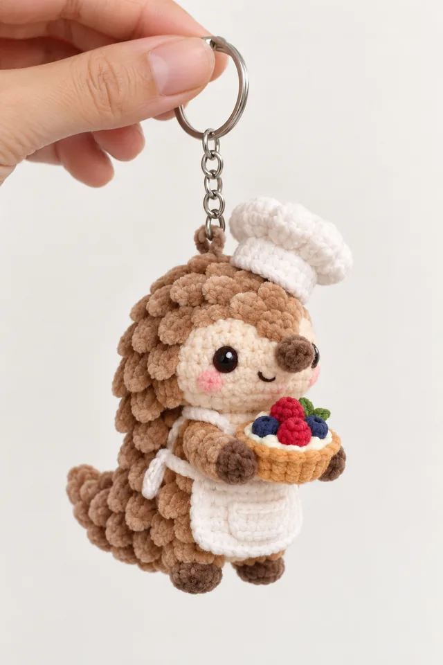 AI concept of a brown hedgehog keychain in a white chef hat and apron holding a tiny tart topped with colorful berries.
