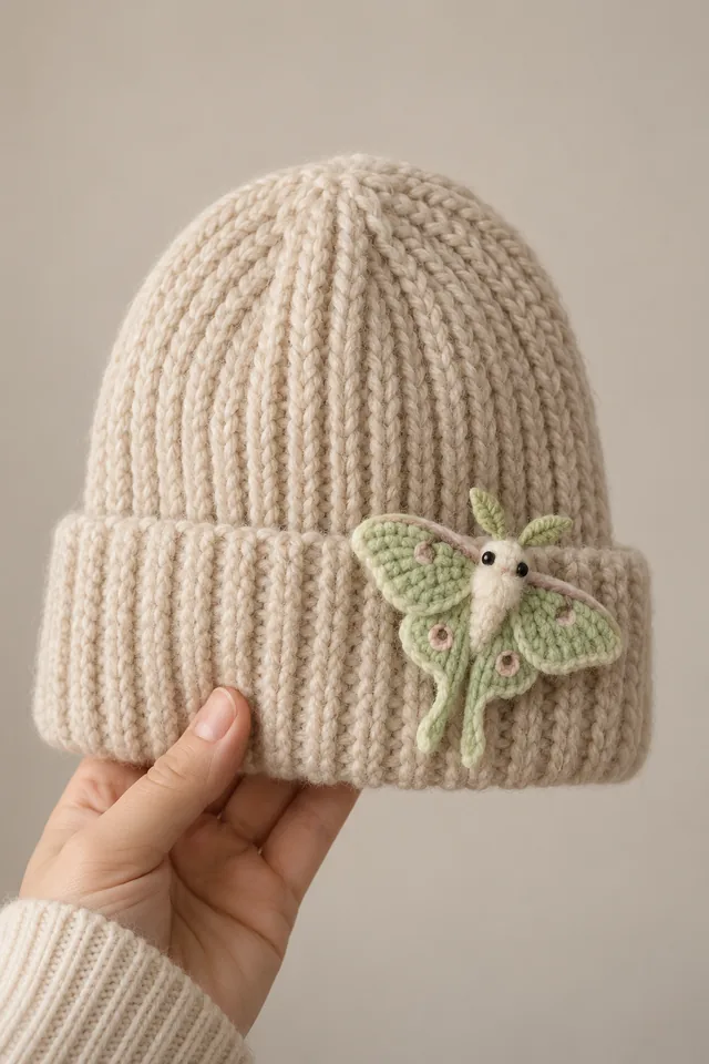 AI concept of a small crochet-look mint green luna moth with spotted wings and long tails, pinned to the brim of a beige ribbed knit beanie.