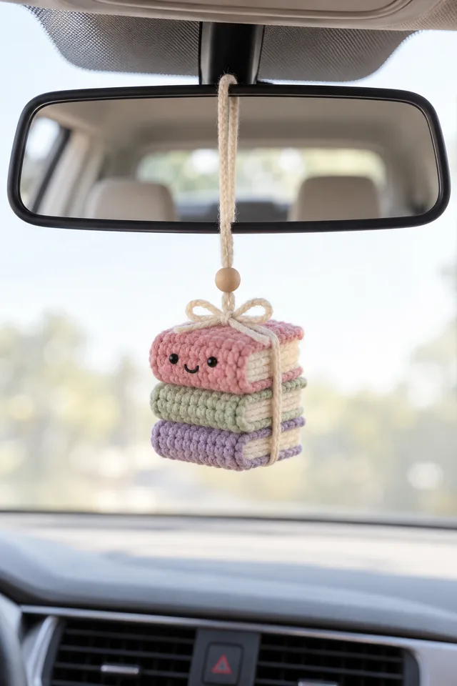 AI concept of a crochet-look car mirror charm shaped like a stack of three plush macarons in pink, green and lilac tied with a ribbon bow, hanging from a rearview mirror.