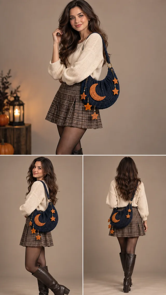 AI concept of a crochet-look navy half-moon shoulder bag decorated with a yellow crescent moon and orange stars, worn with a cream sweater and plaid skirt.