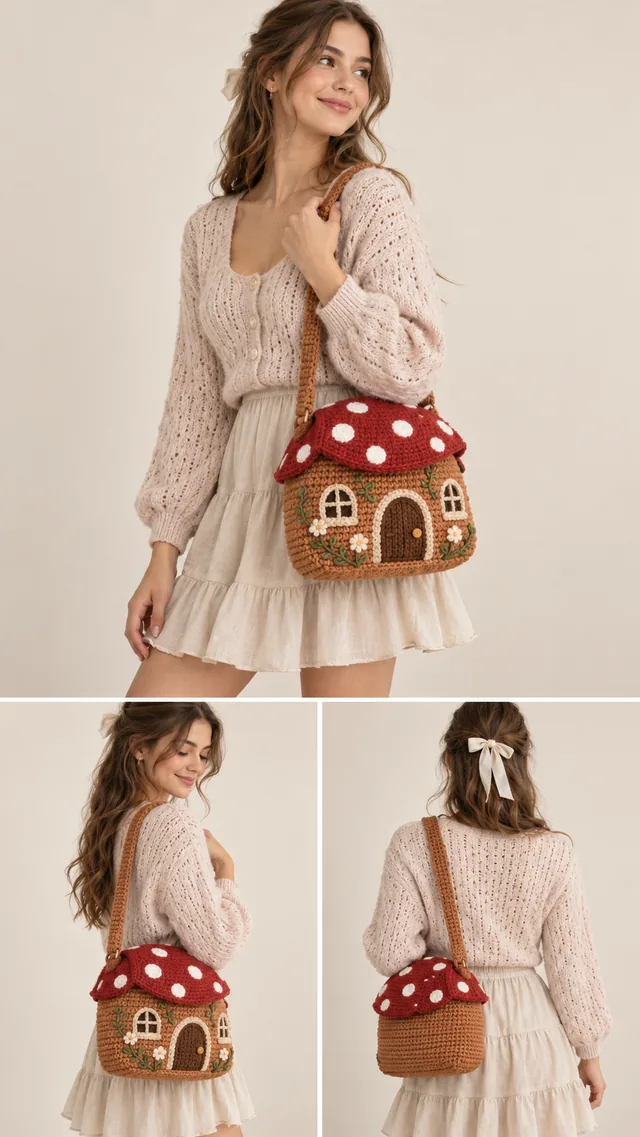 AI concept of a crochet-look mushroom house shoulder bag with a red spotted cap, brown woven base, tiny windows and door, worn with a white knit cardigan.