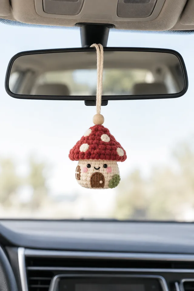 AI concept of a crochet-look car mirror charm shaped like a mushroom house with a red cap, white spots, tiny door and window, hanging from a beaded cord on a rearview mirror.