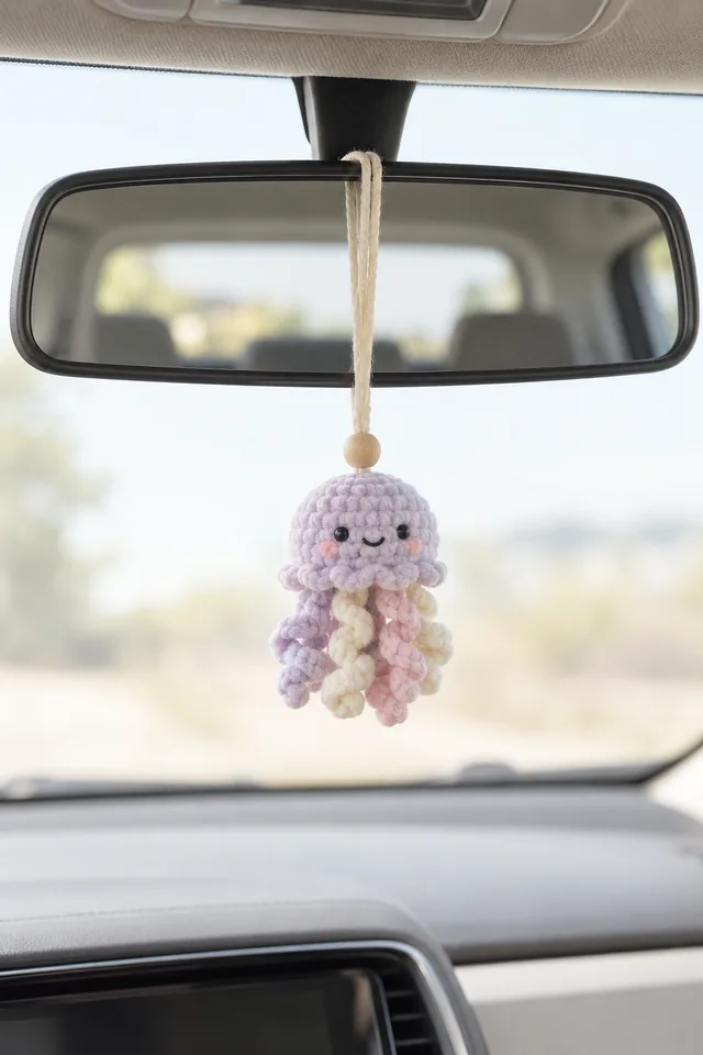 AI concept of a crochet-look car mirror charm of a lavender jellyfish with a smiling face and flowing tentacles in purple, cream and pink, hanging from a rearview mirror.