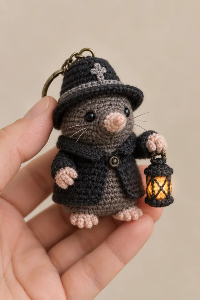 AI concept of a tiny crochet-look gray mouse keychain wearing a black plague doctor hat with cross emblem, holding a lit black lantern.