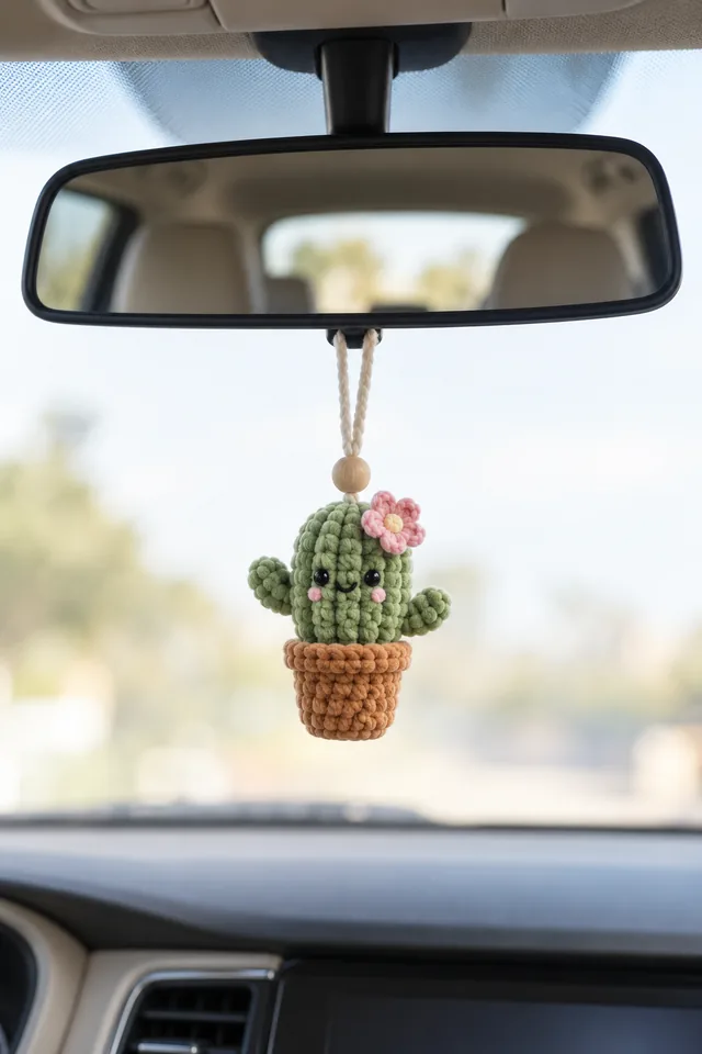 AI concept of a crochet-look car mirror charm of a smiling green cactus with a pink flower, planted in a terracotta pot, hanging from a rearview mirror.