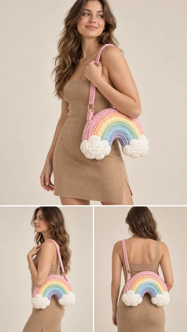 AI concept of a pastel rainbow crochet-look bag with pink, coral, yellow, mint and blue stripes ending in white cloud puffs, worn with a beige ribbed dress.
