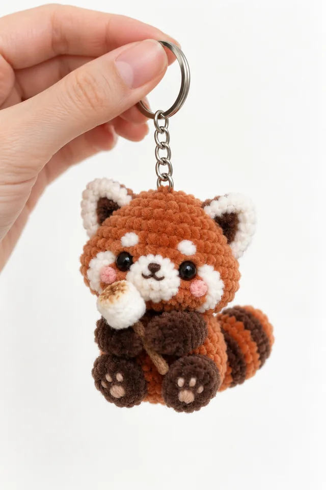 AI concept of a rust-colored crochet red panda keychain with cream face markings, dark paws and a striped curled tail.