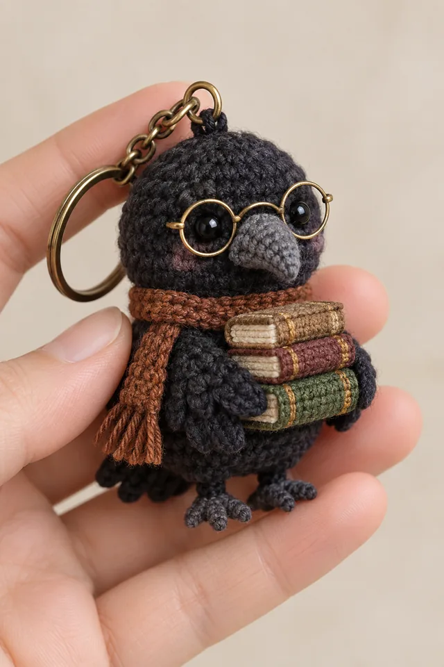 AI concept of a tiny crochet-look black crow keychain wearing round gold glasses and a rust-colored scarf, holding a stack of three tiny books.