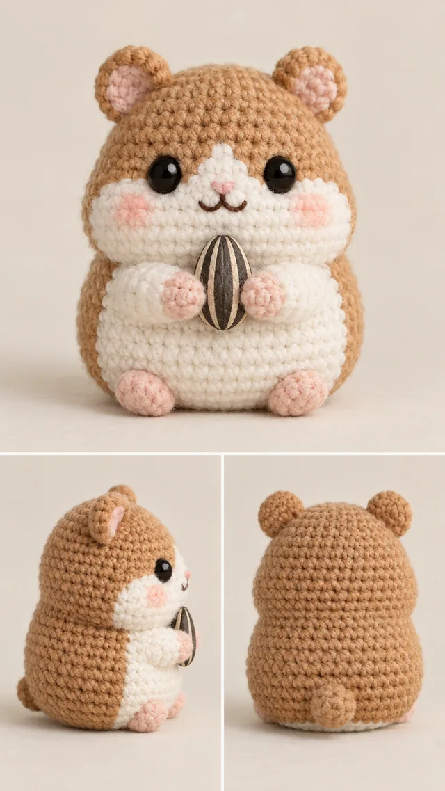 AI concept of a tiny crochet-look golden hamster amigurumi with a cream belly, holding a striped sunflower seed to its mouth, shown from three angles.