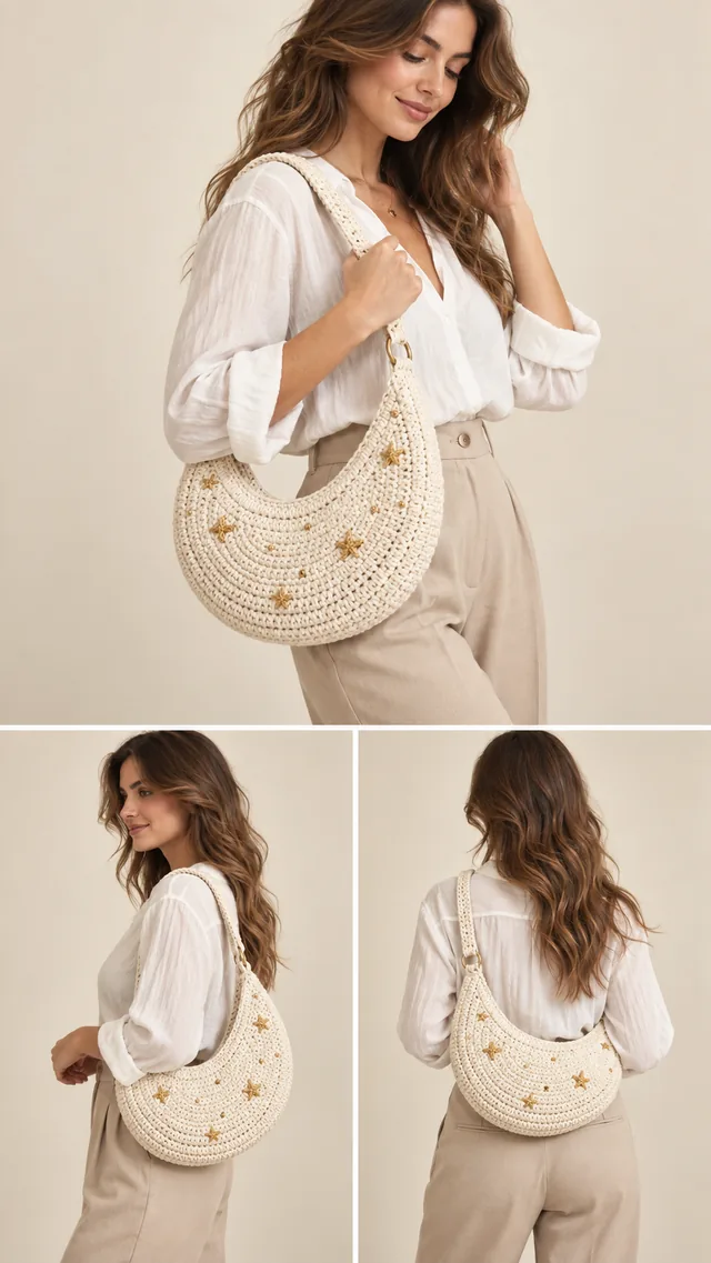 AI concept of a cream crochet-look hobo bag scattered with small gold stars, worn over the shoulder with a white shirt and beige trousers.