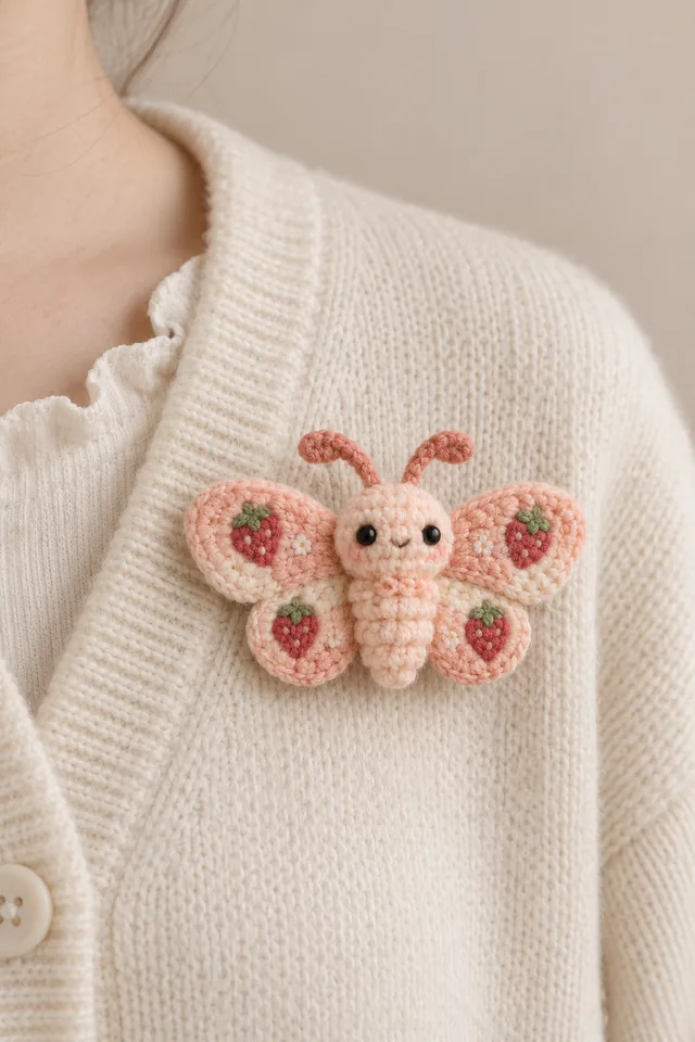 AI concept of a small crochet-look pink butterfly brooch with strawberry motifs on its wings and curled pink antennae, pinned to a white knit cardigan.