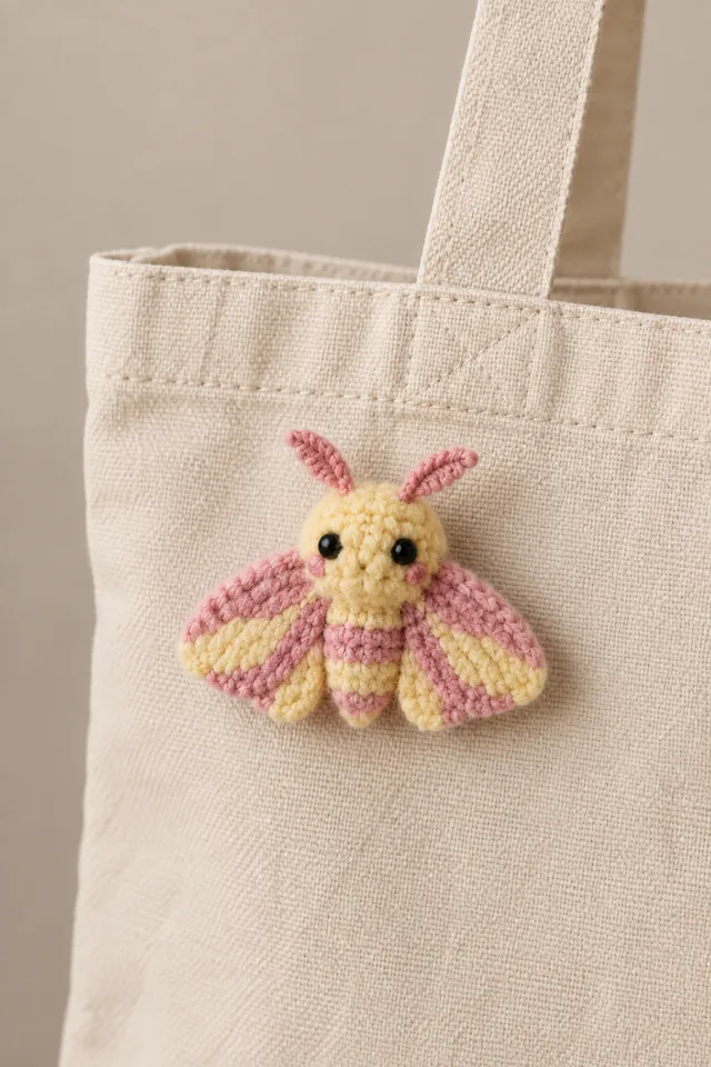 AI concept of a small crochet-look moth with pink-and-yellow striped wings and pink antennae, pinned to a natural canvas tote bag.