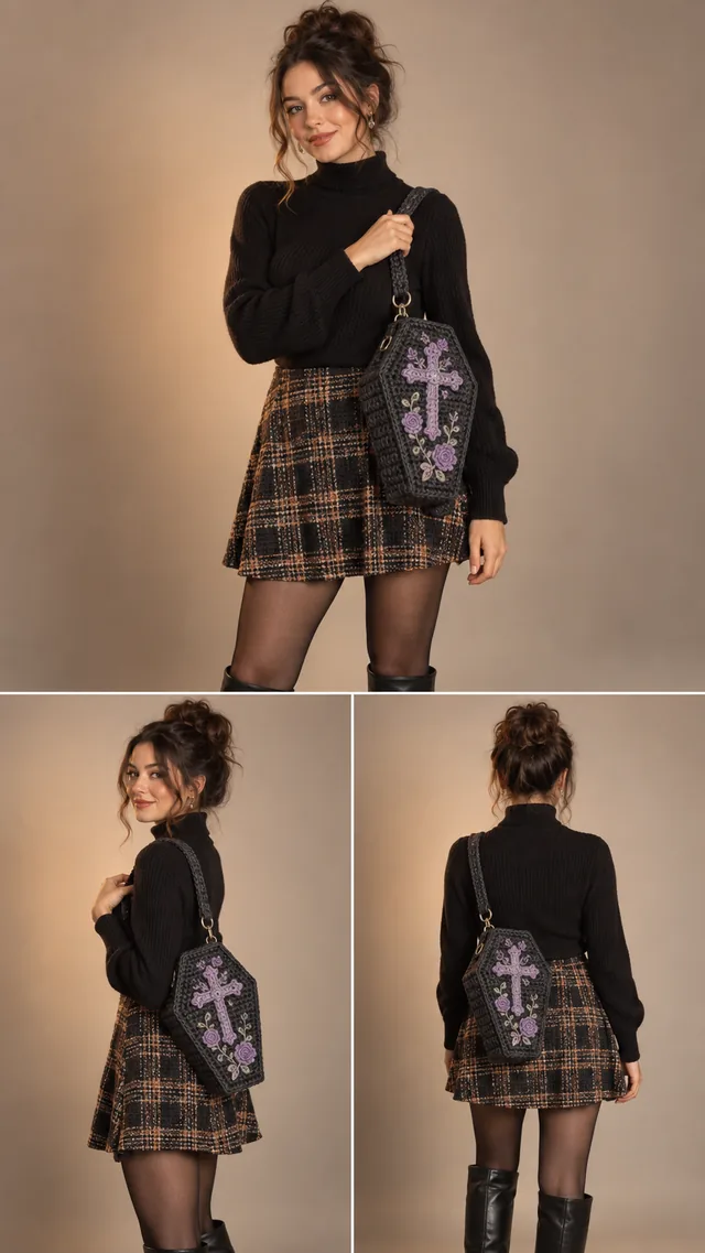 AI concept of a crochet-look purple crossbody bag embroidered with tombstones, crosses and vines, worn with a black turtleneck and plaid skirt.