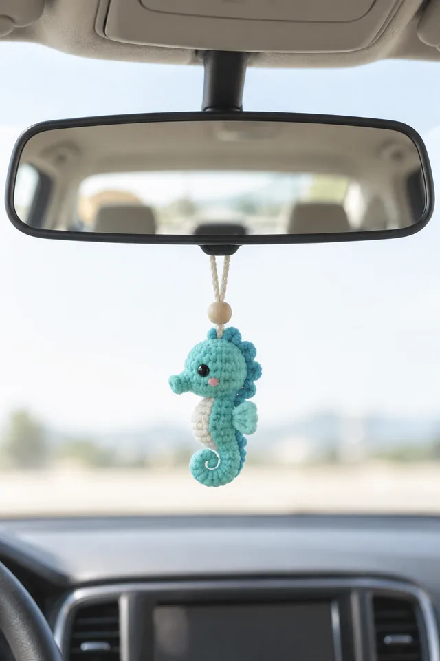 AI concept of a crochet-look car mirror charm of a turquoise seahorse with a cream belly, pink cheeks and a curled tail, hanging from a rearview mirror.