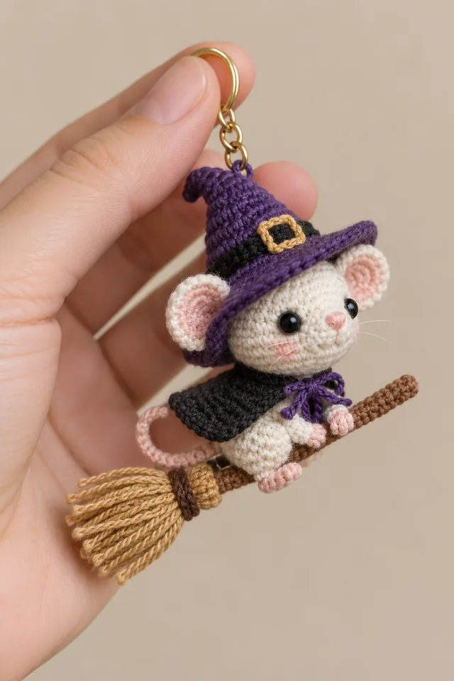 AI concept of a tiny crochet-look white mouse keychain wearing a purple witch hat with gold buckle, riding a straw broom with purple ribbons.