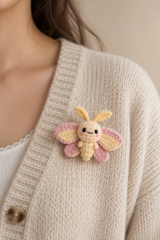 AI concept of a small crochet-look moth brooch in yellow and pink with fluffy antennae, pinned to a cream knit cardigan.